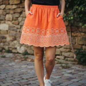 Women’s Linen Blend Boho Skirt W Pockets Sz M Embroidered Eyelet Scallop Hem